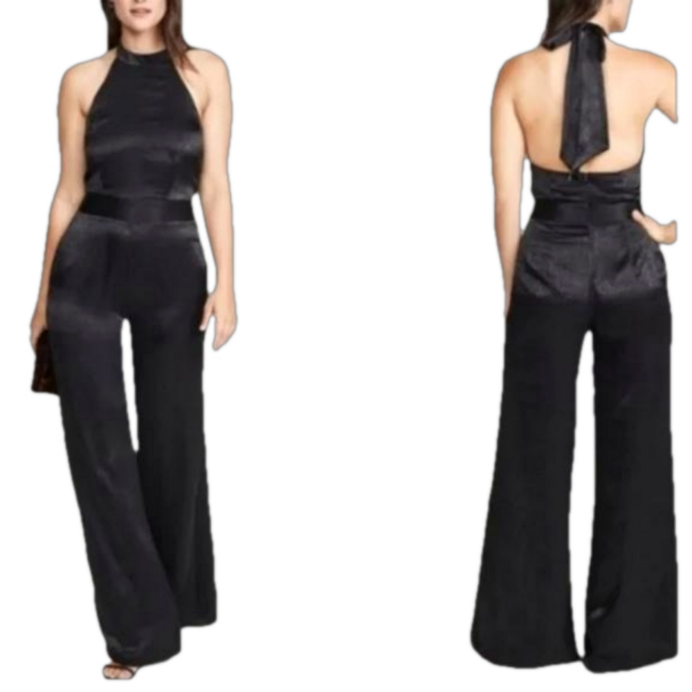 Misa Xandra Halter Hammered Satin Jumpsuit NWT